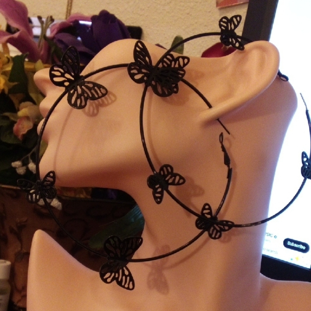 Black Butterfly Wire Hoop Earrings - Women Accessories
